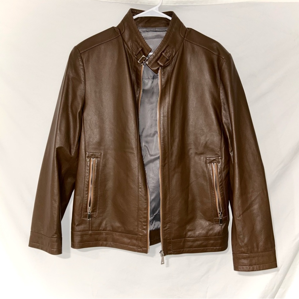 Men's Brown Vegan Leather Classic Moto Jacket NWOT Size EU 52 US L